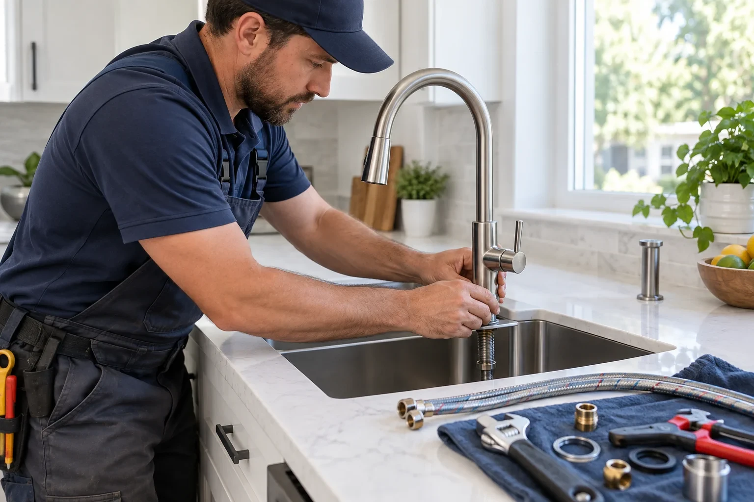 Plumber installing a new kitchen faucet and sink fixture in a Redmond home