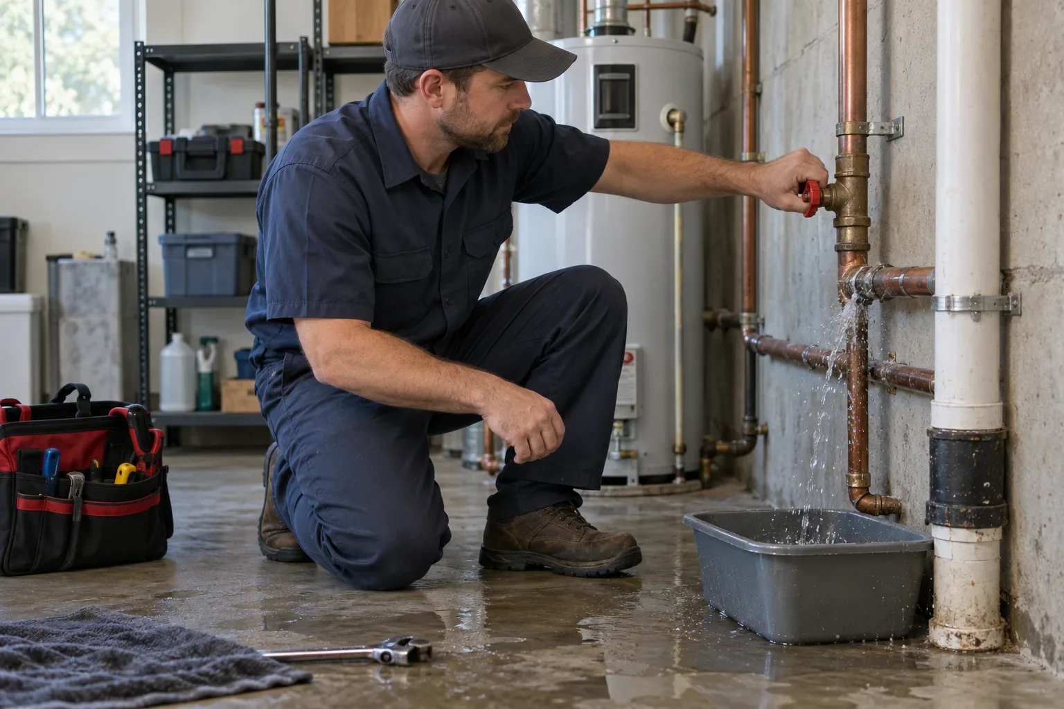 Plumber closing a shutoff beside an active residential pipe leak
