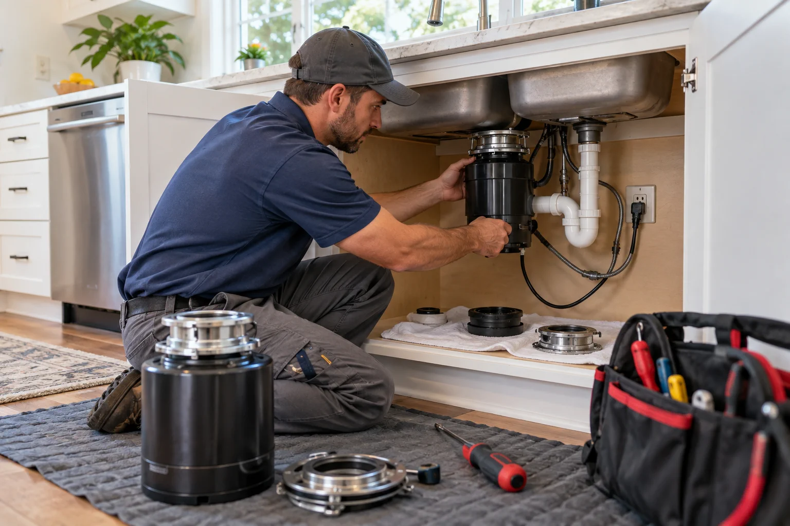 Plumber repairing a garbage disposal beneath a kitchen sink