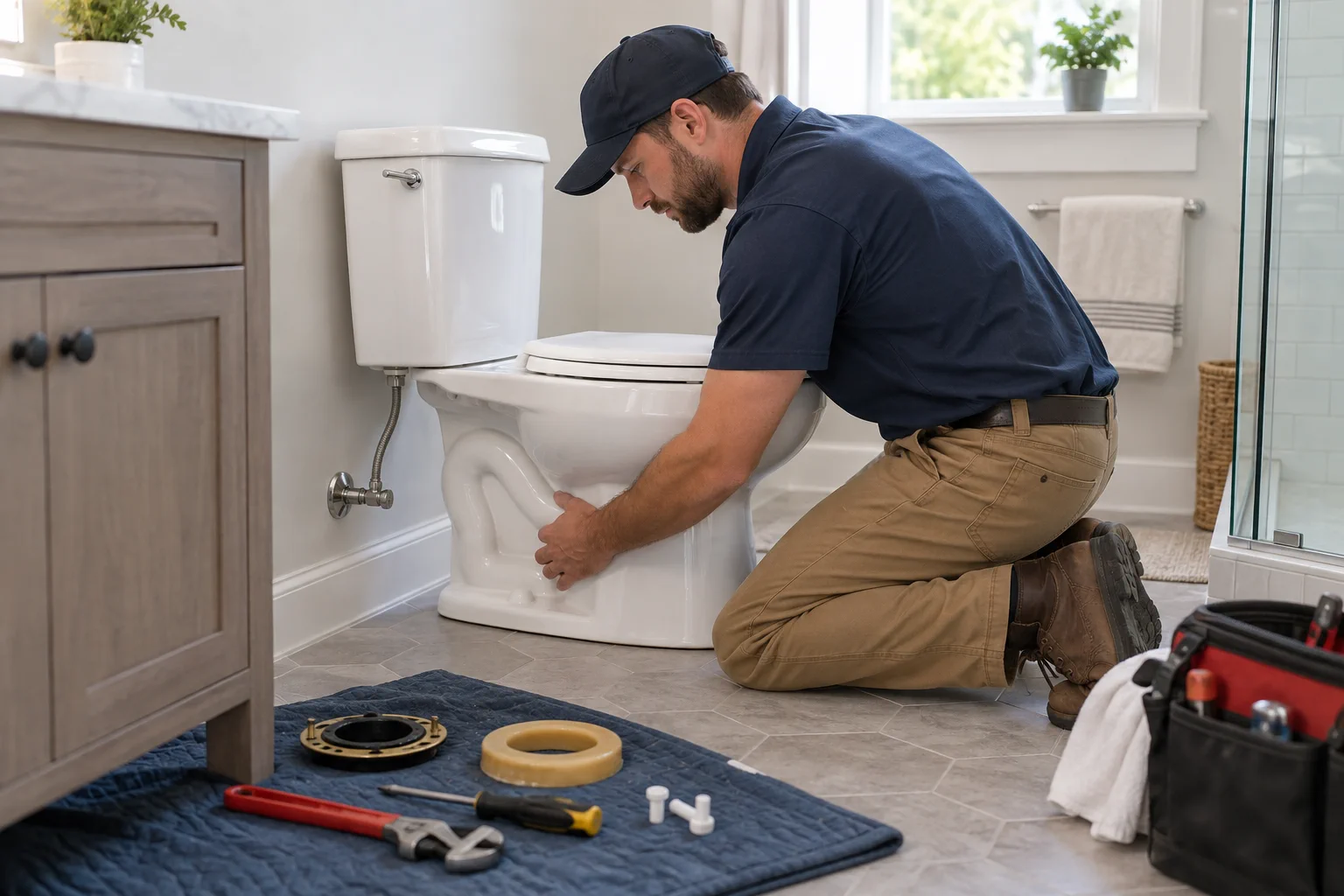 Plumber installing a toilet in a clean residential bathroom