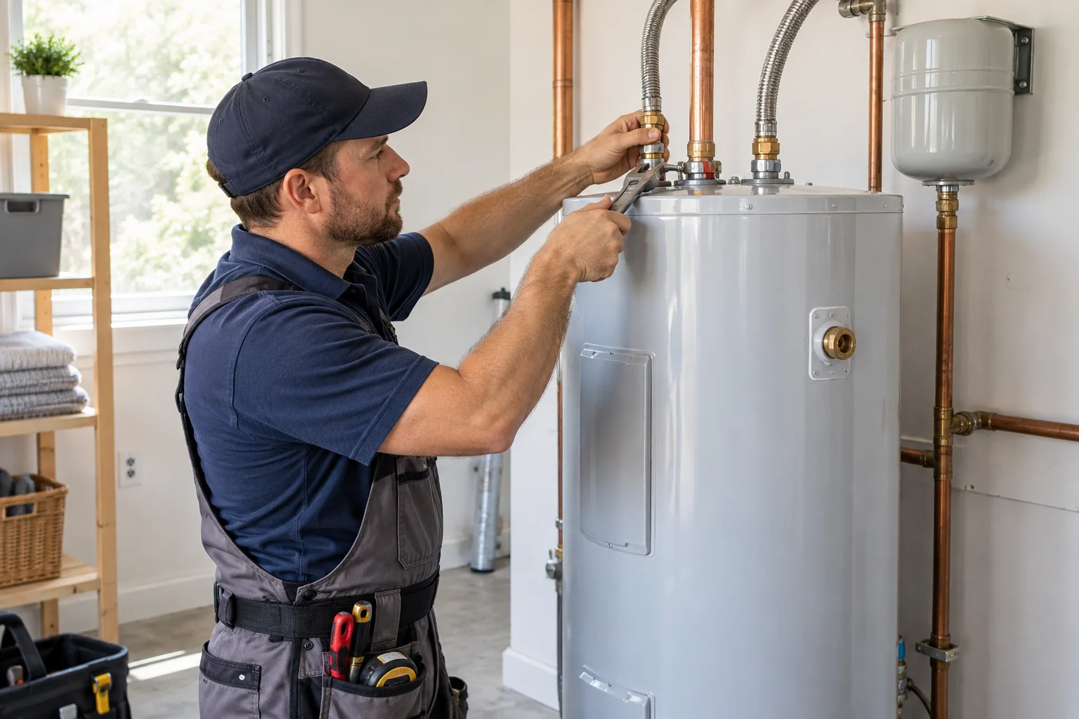 Plumber connecting a new water heater in a residential utility room