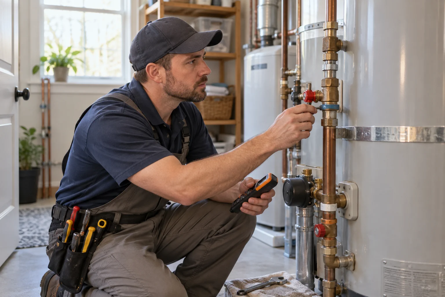 Plumber inspecting connections on a residential water heater